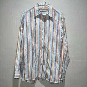 Tommy Bahama Blue Red Stripe Long Sleeve Button Down Shirt